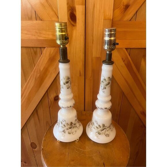 MID CENTURY GLASS  BELL  LAMPS HAND  PAINTED GILDED  15''  ELEGANT  SUPER NICE - Picture 1 of 6